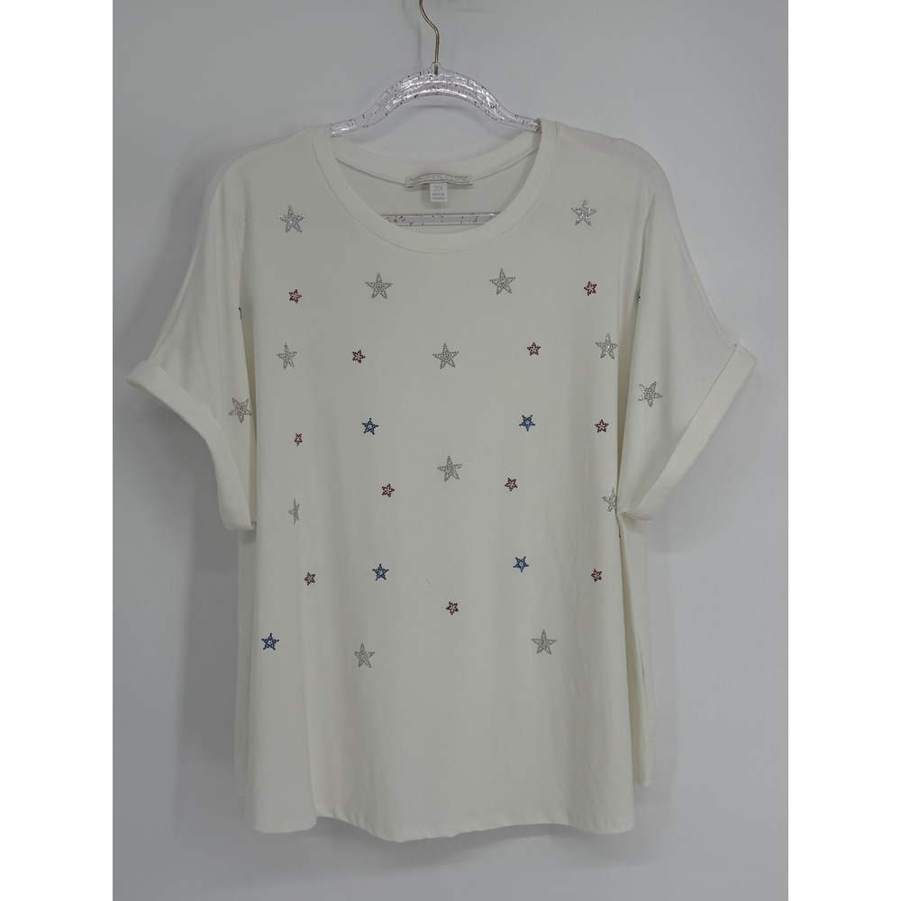 Juniper + Lime Womens Sz 2X White Rhinestone Star Short Sleeve Tee Patriotic Top